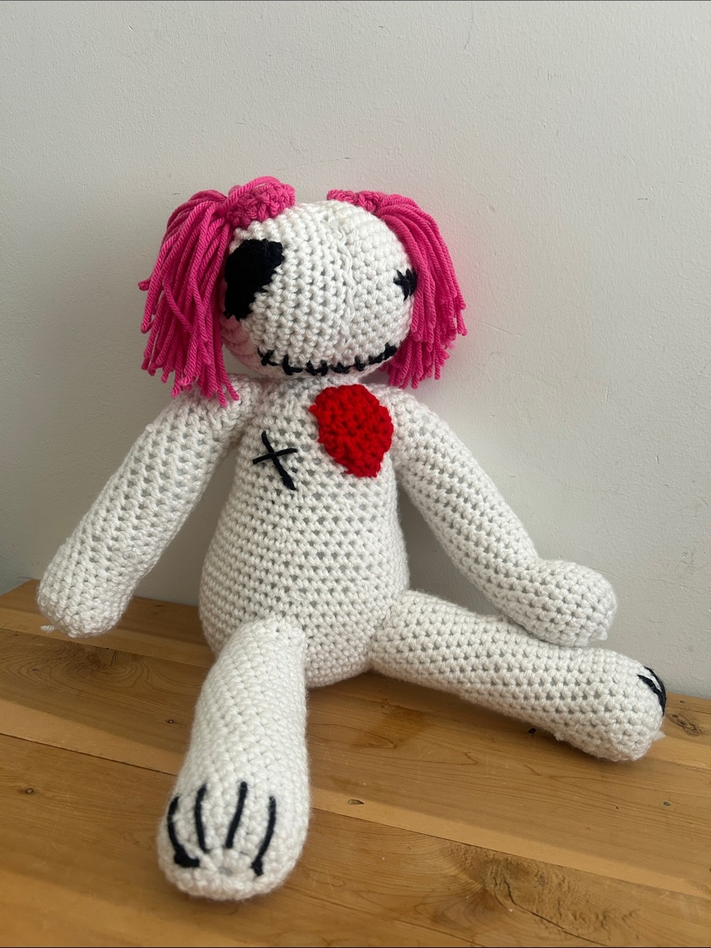 Handmade Crochet Plush Voodoo Doll Toy - White with Pink Hair and Red Heart